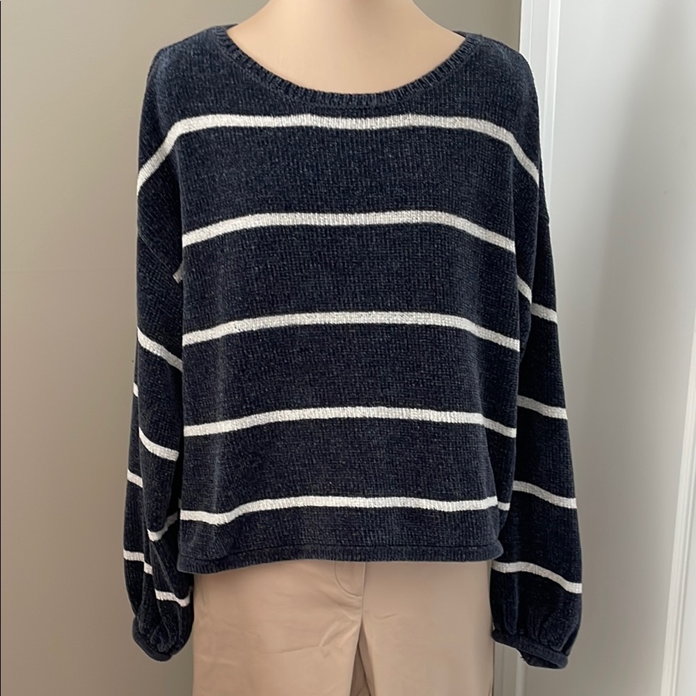 Chenille cropped sweater striped wide neck balloon sleeve women’s M